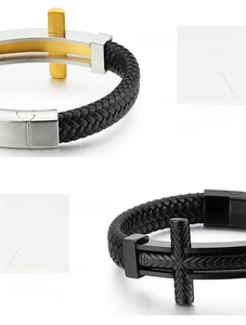 Detail of woven leather bracelets with stainless steel cross charms and magnetic clasps