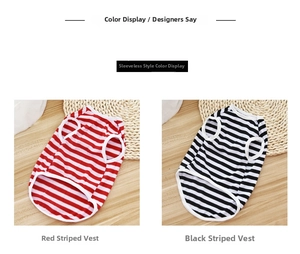 Detail view of red and black striped cotton pet vests in sleeveless design for small dogs