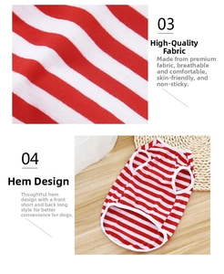 Detail of red and white striped knit dog vest showing fabric texture and curved hem