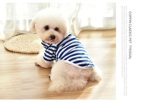 Close-up of blue and white striped silk cotton dog vest with soft round neck design