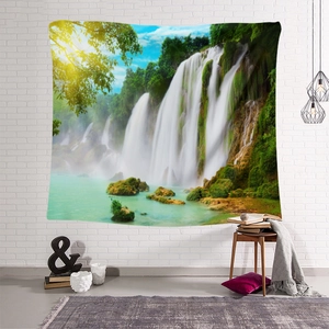 Detail of bohemian nature landscape tapestry with mountain waterfall on white brick wall