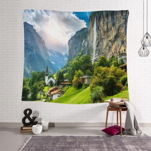 Detail of high-definition tapestry featuring scenic snow mountains and cozy European village