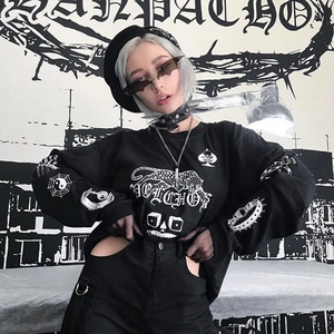 Gothic long sleeve sweatshirt with bat sunglasses and dark street style aesthetic