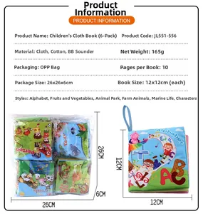 Spécifications du lot de 6 livres en tissu pour bébé avec dimensions et matériaux détaillés