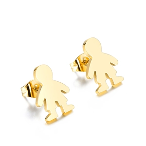 Polished gold stainless steel cartoon boy stud earrings with butterfly backs on white