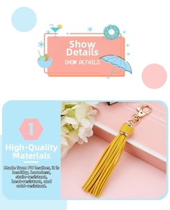 Detail view of yellow PU leather tassel keychain with high-quality gold lobster clasp