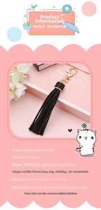 Detail of premium black PU leather tassel keychain with golden metal clasp accessory