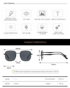 Detailed size chart of unisex large frame metal sunglasses with UV400 protection features