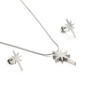 North Star Octagon Pendant Necklace And Stud Earrings Titanium Steel Sparkly Rhinestone Geometric Jewelry For Women