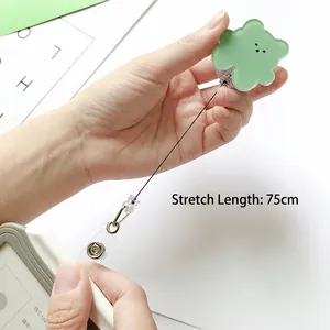 Green cartoon bear retractable badge holder with id card sleeve and 75cm stretch cord