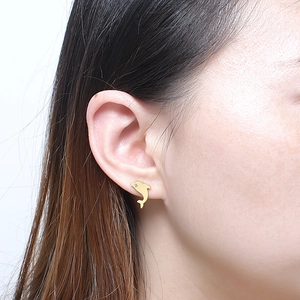 Cute gold dolphin stud earrings with small rhinestone on earlobe for women