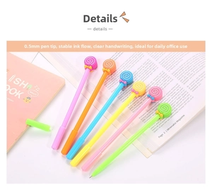 Detailed view of 6 colorful candy-shaped gel pens with 0.5mm tips on a pink notebook