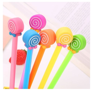 Close-up of 6 colorful lollipop neutral pens in vibrant pink, blue, orange, and yellow