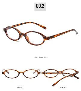 Detail shots of oval full-rim tortoiseshell glasses in 45-degree, front, and back views