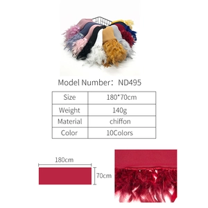 Gráfico detallado de bufanda de gasa con plumas con medida 180x70cm y 10 opciones de color