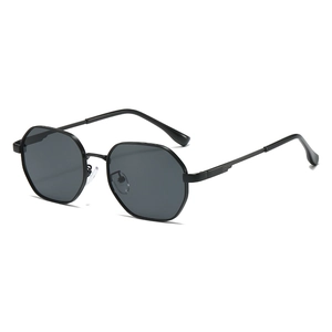 Fashion square frame sunglasses with metal temples and black polygonal lenses for men