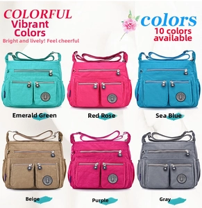 Macro display of large-capacity nylon crossbody bags in multiple vibrant color variants
