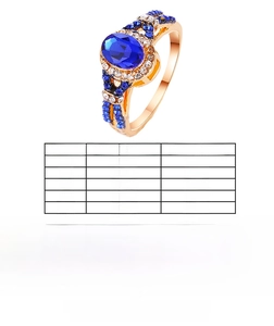 Size chart showing circumference and diameter measurements for blue zircon rings
