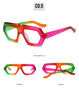 Detail view of hexagonal sunglasses with colorful rainbow gradient transparent frames