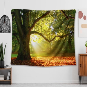 Detailed texture of forest landscape tapestry with sunlight through trees and orange leaves
