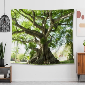 Detail of forest tree tapestry showing high-definition digital printing on soft fabric