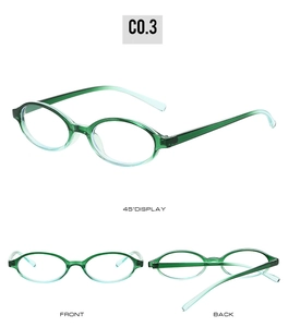 Three-way view of green transparent resin glasses frame showing front and back design