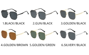 Detailed grid of oversized square metal sunglasses in black, gold, and silver finishes