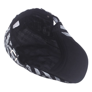 Classic black and gray striped beret with adjustable silver buckle and mesh lining