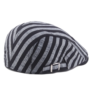 Striped thin beret flat cap with side metal buckle and black grey twill fabric texture