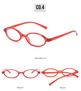 Detailed multi-angle views of red oval anti-blue light glasses with translucent frames