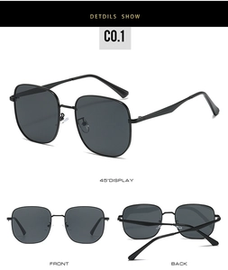 Detail view of large frame black sunglasses showing front, back and 45-degree angles