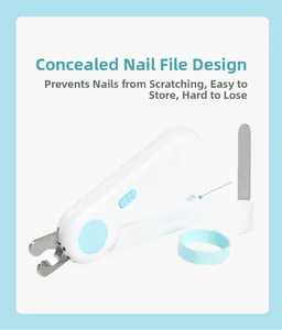 Détail d'un coupe-ongles pour animaux avec lime cachée et anneau en silicone bleu
