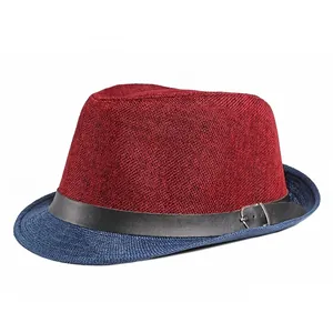 Unisex Two Tone Color Block Fedora Hat Polyester Woven Jazz Hat With Faux Leather Belt Buckle Sun Protection Beach Trilby