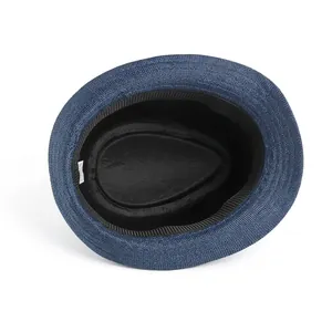Classic dark blue woven fedora hat with interior sweatband and detailed straw texture