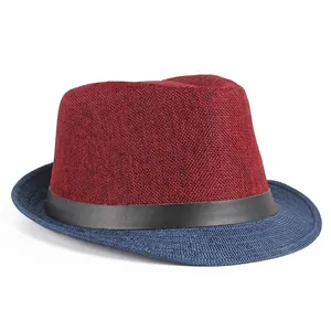 Classic two-tone Fedora hat with dark red crown, navy brim and black leather band