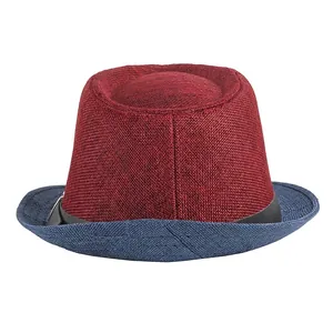 Two-tone woven fedora hat featuring a burgundy crown and navy blue brim with black band
