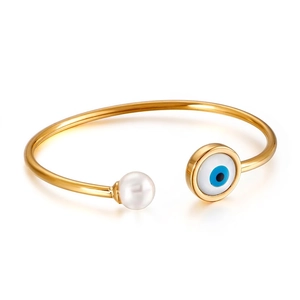 Stainless Steel Open Cuff Bracelet With Evil Eye Motif And Shell Artificial Pearl Detail Adjustable Fashion Jewelry For Women