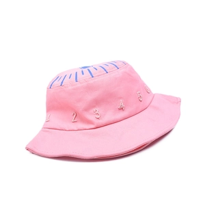 Close-up of pink cotton fisherman hat featuring embroidered numbers 1 to 6 on the side