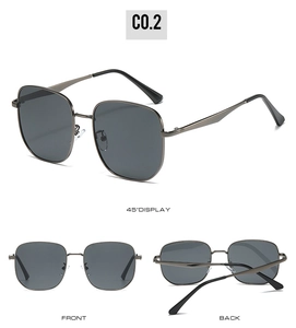 Detailed multi-angle views of square metal sunglasses with dark gray polarized lenses