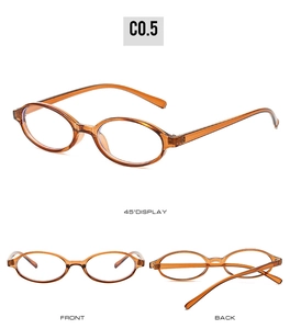 Multiple view display of amber oval anti-blue light glasses with 45-degree angle