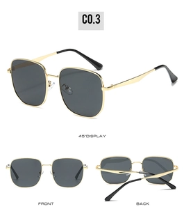 Three-angle view of oversized square sunglasses with gold metal frame and dark gray lenses