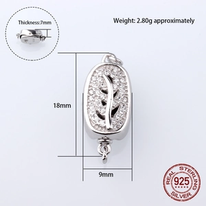 S925 sterling silver oval clasp for pearl necklaces with white zircon stones and dimensions