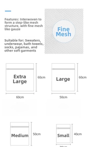 Size chart and fine mesh detail of laundry bags for various clothing types