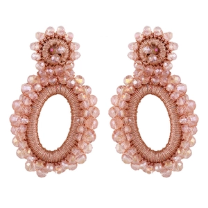 Pink handmade beaded bohemian drop earrings with sunburst studs and crystal accents