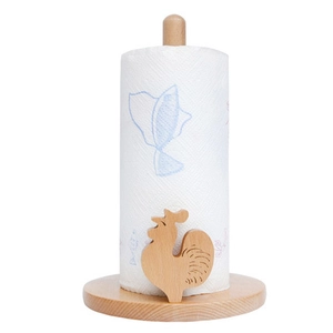 Close-up of wooden vertical paper towel holder with cute rooster carving and round base