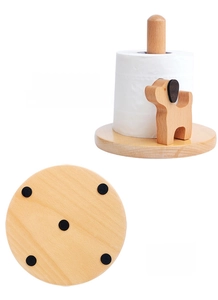 Wooden puppy paper towel holder with anti-slip base pads and rotating animal stopper