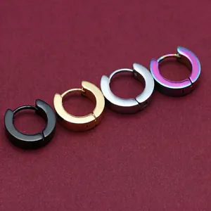Four-color set of stainless steel hinged hoop earrings in black gold silver and rainbow
