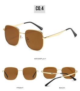 Detailed views of gold metal frame oversized sunglasses with brown rectangular lenses