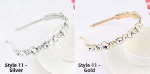 Detail of metal headbands featuring large sparkling rhinestones in silver and gold finishes