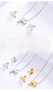 Polished dragonfly jewelry set featuring snake chain necklace and stud earrings in gold and silver